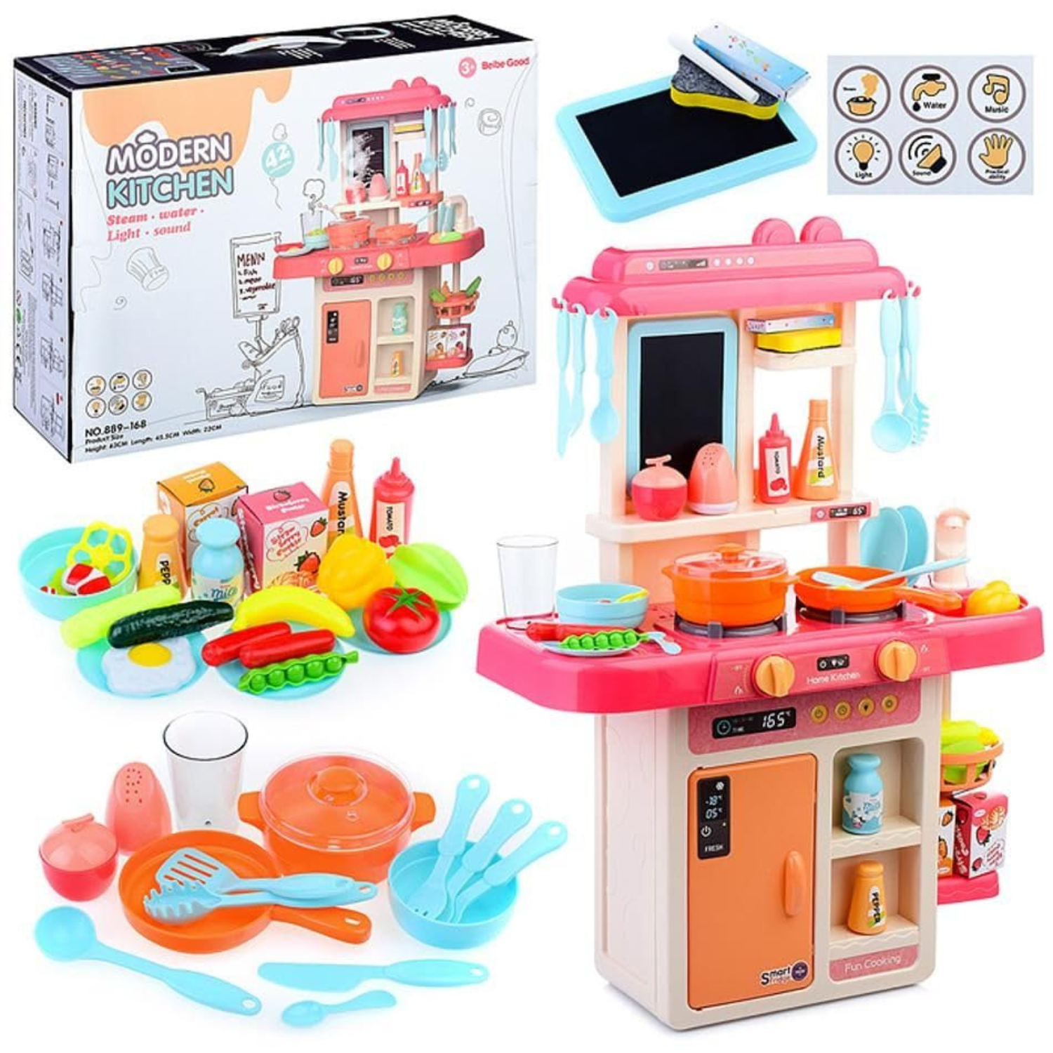 42 Pcs Pretend Play Kitchen Set Toys with Slate, Chalk and Duster