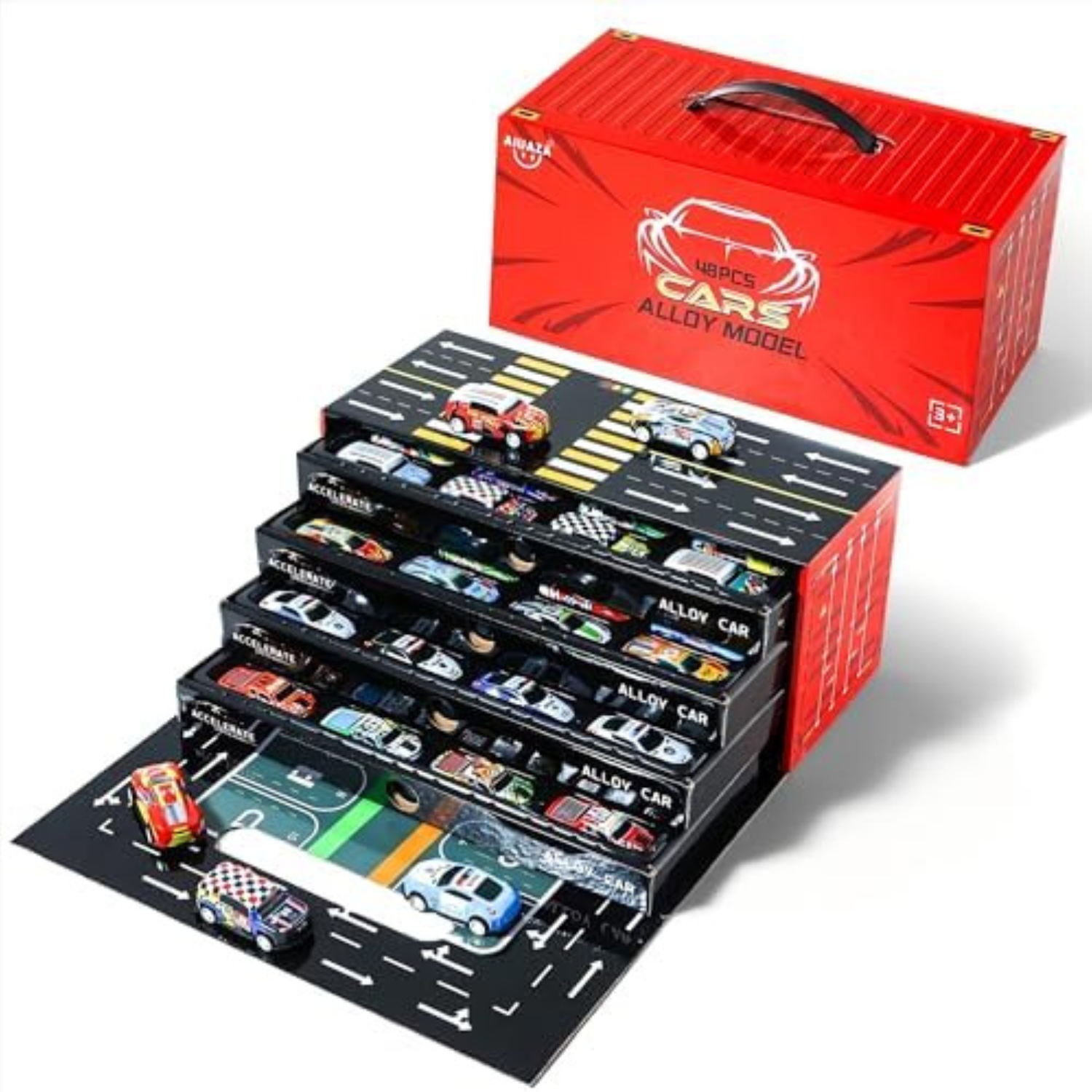 AIUAZA 48-Piece Die-Cast Pull-Back Cars Playset with Garage & Parking Slots